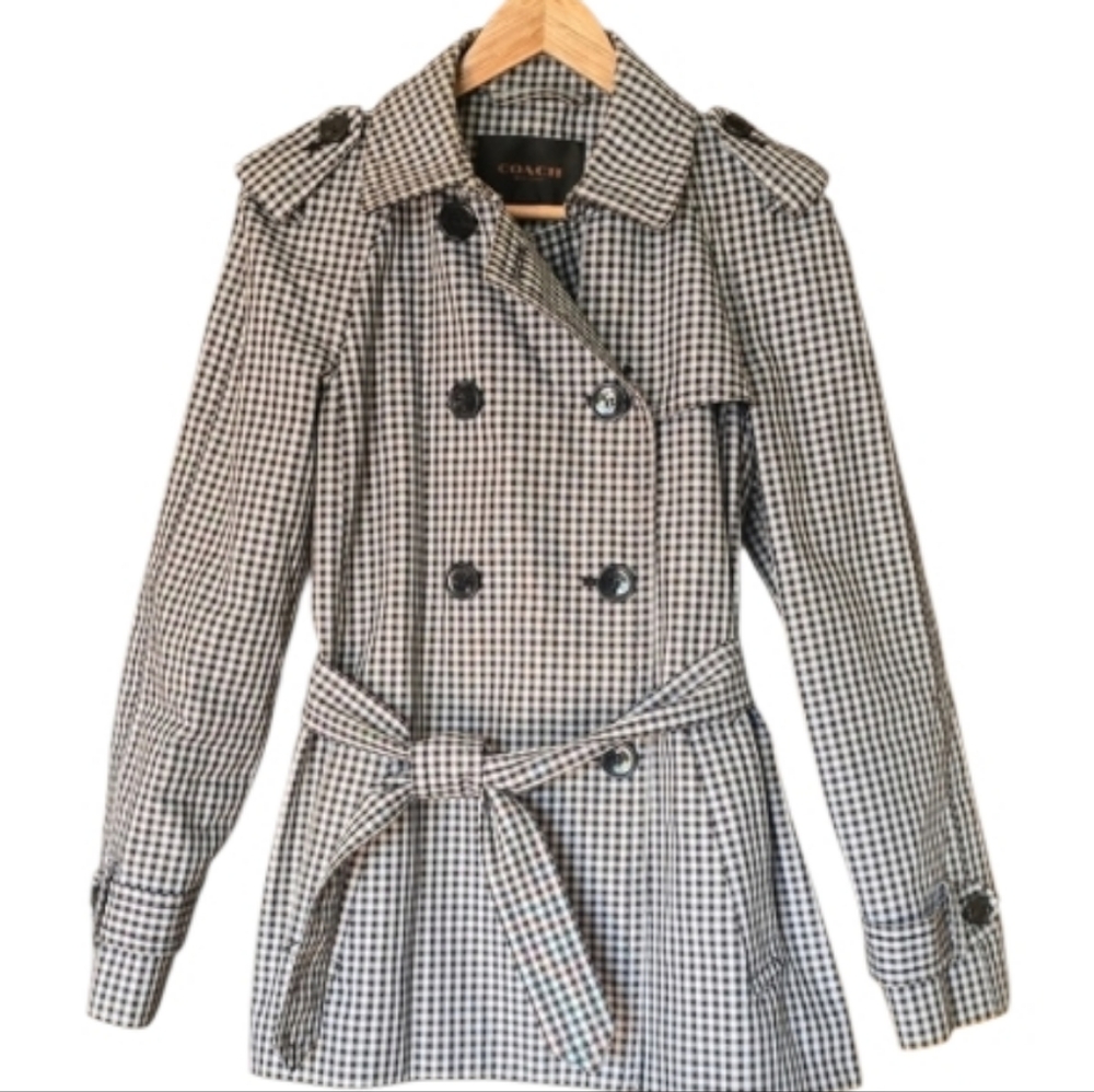 Coach Gingham Checked Short Trench Coat Medium Raincoat Gingham Plaid - Picture 2 of 14